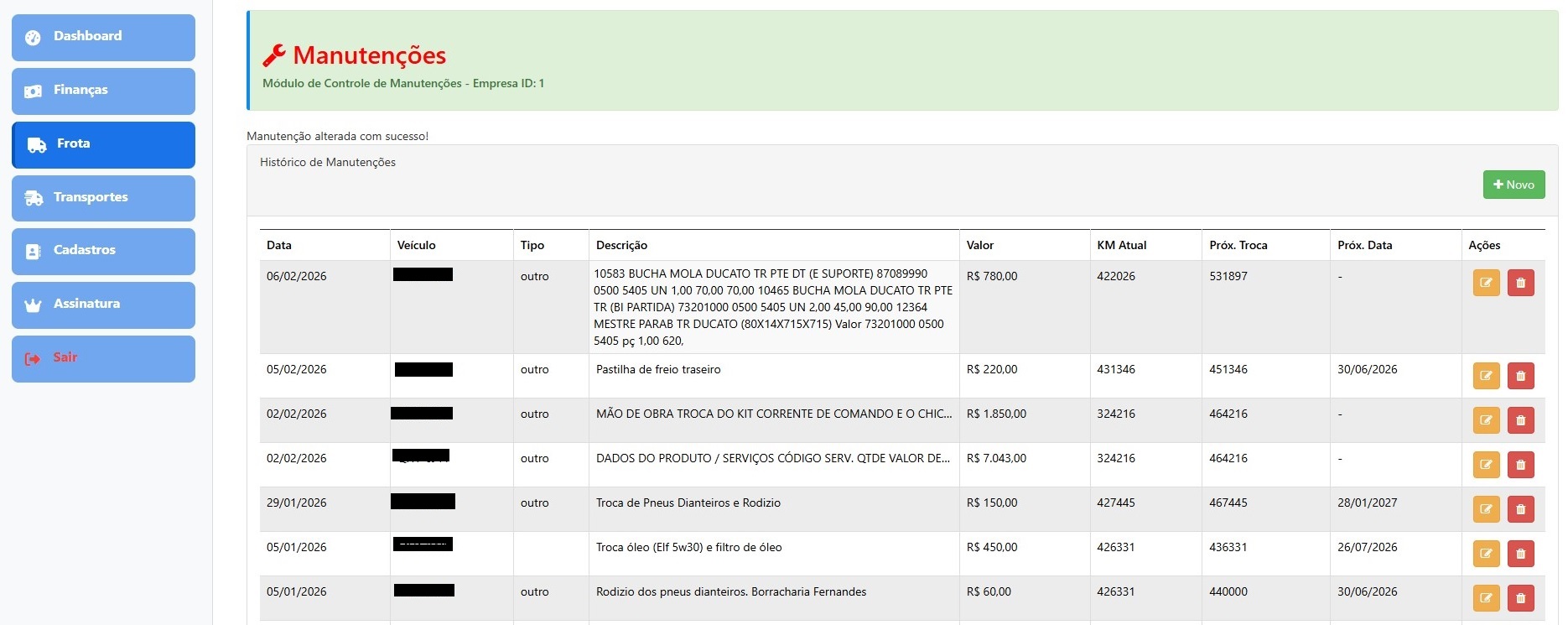 Controle de Manutenções